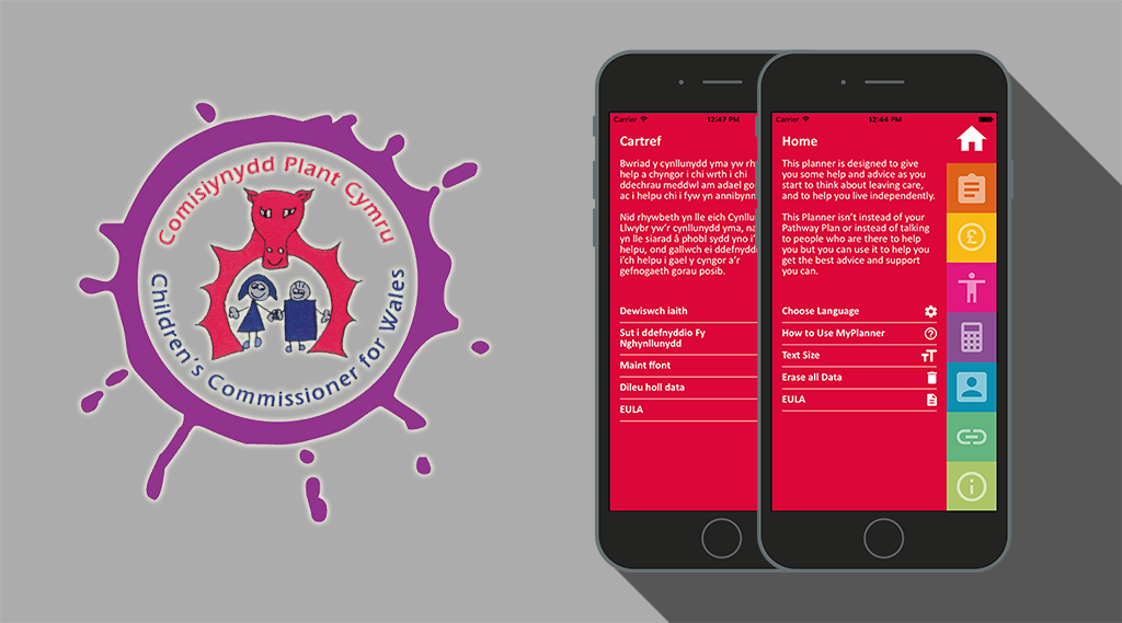 MyPlanner Process Image 2, Children's Commissioner for Wales Logo with Home Screen english and Home Screen Welsh.